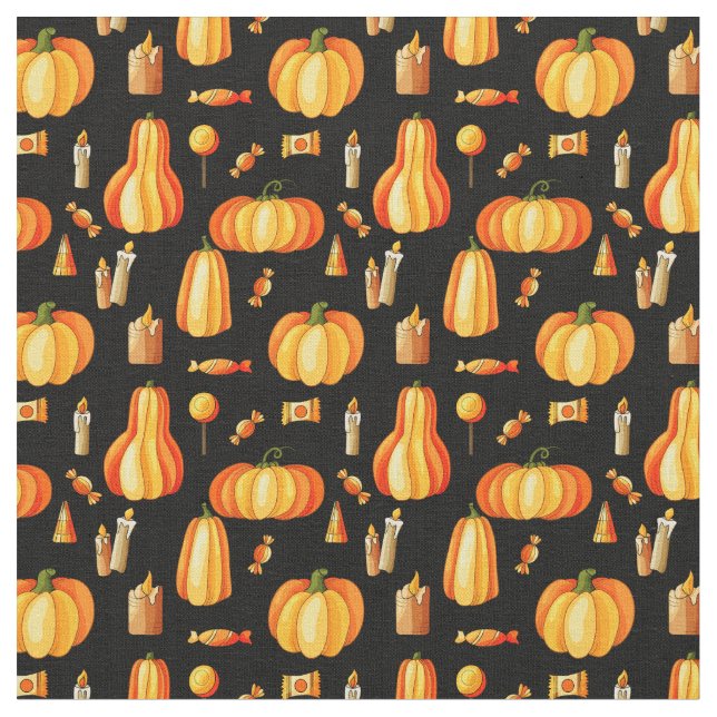 Halloween Mönster, Orange Pumpkins, Candy & Candle Tyg (Närbild)