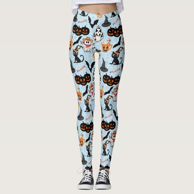 Halloween mönster. Spooky och söt L Blue BG Leggings (Framsida)