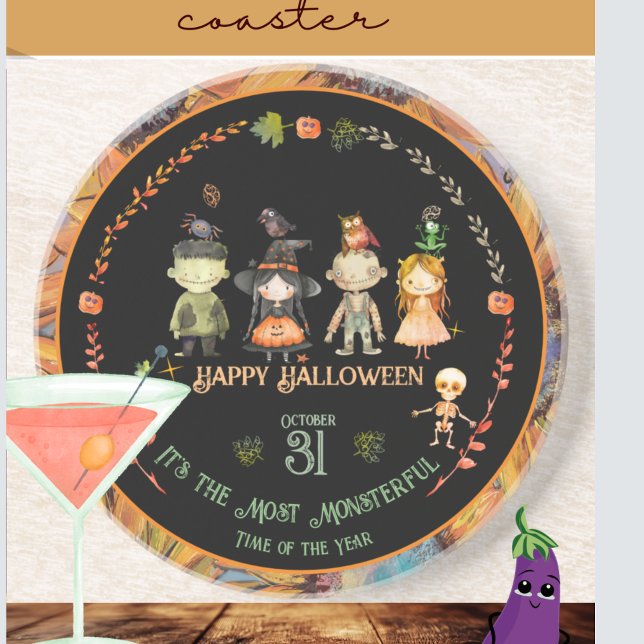 Halloween Monsters Party Orange Underlägg (Halloween Monsters Party Orange Coaster)