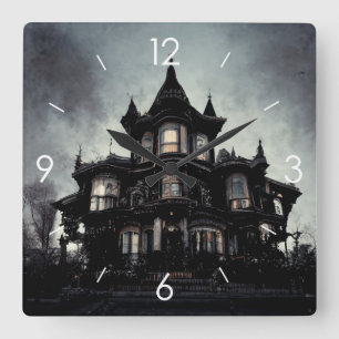 Halloween Moonlight Haunted House Fyrkantig Klocka