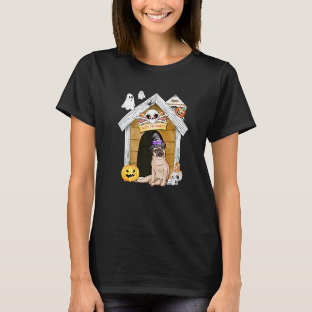 Halloween Mops Hund Häxa Spökhus T Shirt (Framsida)