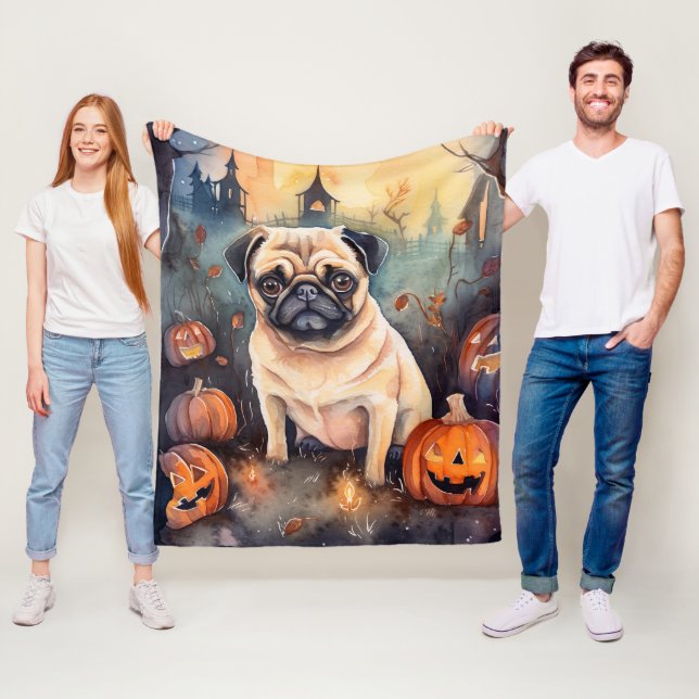 Halloween Mops Med Pumpa Skräckinjagande Fleecefilt (På plats)