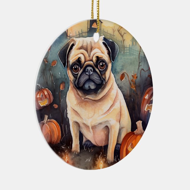 Halloween Mops Med Pumpa Skräckinjagande Julgransprydnad Keramik (Höger)