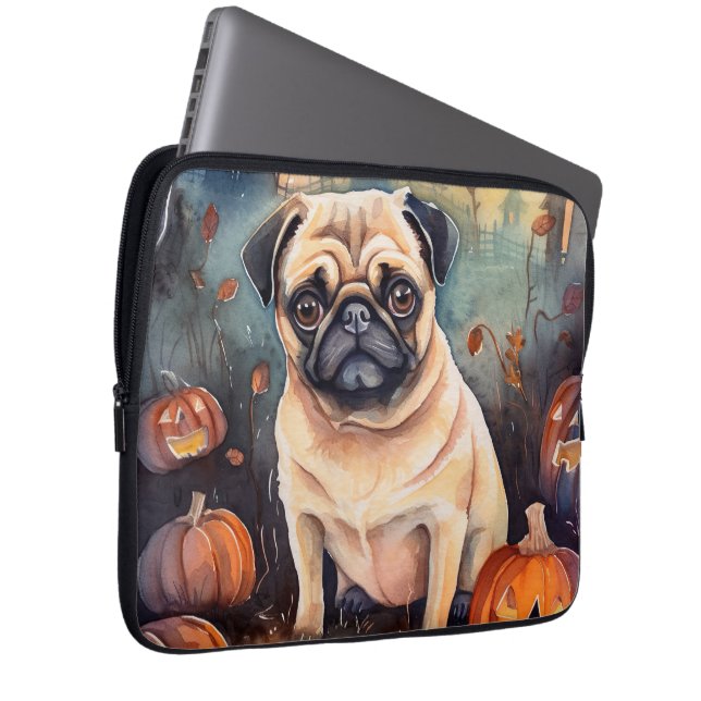 Halloween Mops Med Pumpa Skräckinjagande Laptop Fodral (Framsidan Höger)