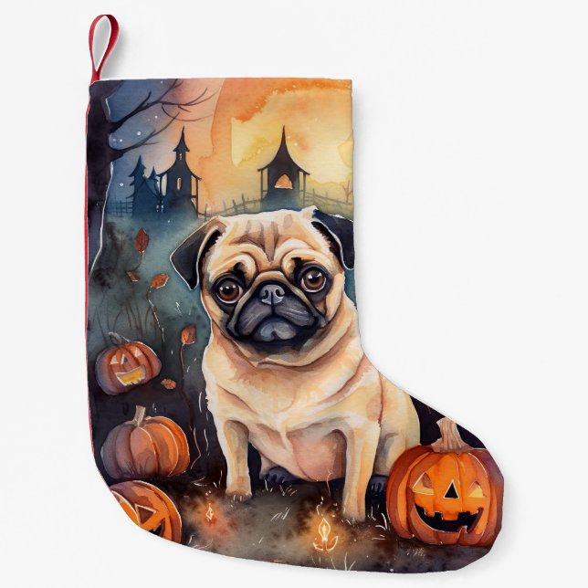 Halloween Mops Med Pumpa Skräckinjagande Liten Julstrumpa (Framsidan)