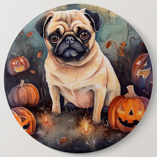 Halloween Mops med pumpor Skräckinjagande Knapp (Framsida)