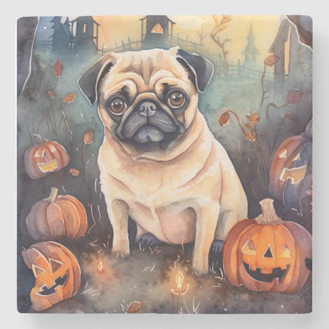 Halloween Mops med pumpor Skräckinjagande Stenunderlägg (Framsidan)