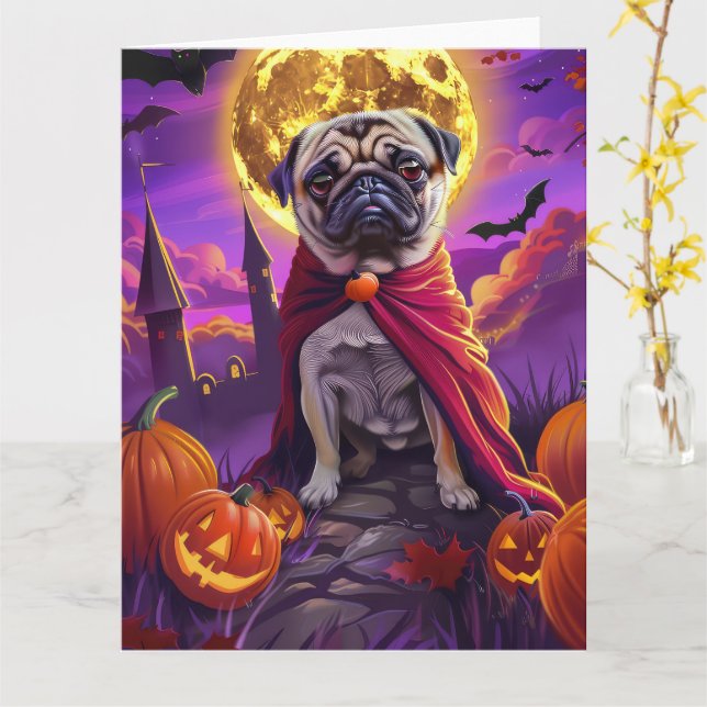 Halloween Mops Vampyr Pumpor Skräck  Kort (Gul blomma)