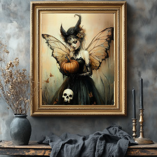 Halloween Mörk Fairy with Pumpkin and Skull Fototryck