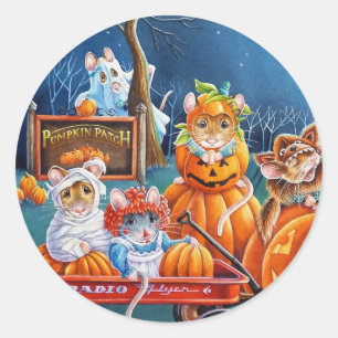 Halloween-möss i Pumpkin Patch Watercolor Art Runt Klistermärke