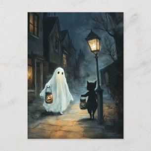 Halloween-möte mellan spöke och katt vykort