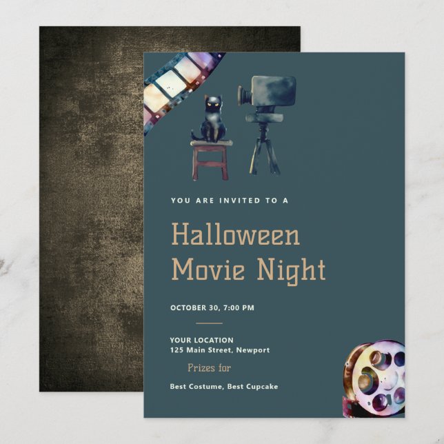 Halloween Movie Night Black Cat Projector Roligt M Inbjudningar (Fram/baksida)