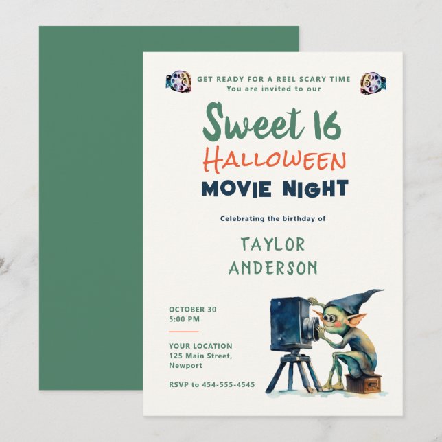 Halloween Movie Night Cute Gremlin Roligt Sweet 16 Inbjudningar (Fram/baksida)