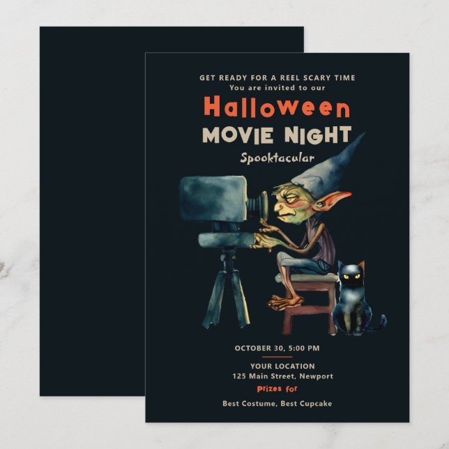 Halloween Movie Night Gremlin Black Cat Black Chic Inbjudningar (Fram/baksida)