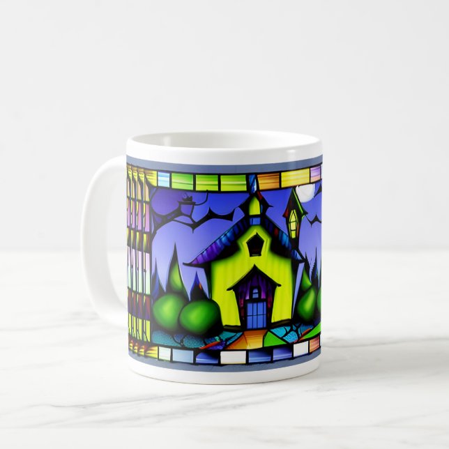 Halloween-mugg med huskvarn i glasmålning kaffemugg (Framsida vänster)