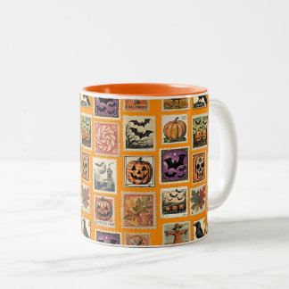 Halloween-mugg med mönster från vintage- frimärken Två-Tonad mugg