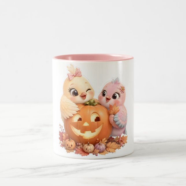 Halloween-mugg med mysiga fågelvänner Två-Tonad mugg (Center)