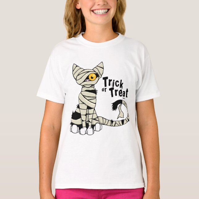 Halloween Mummy Cat Bus eller godis T-Shirt (Framsida)