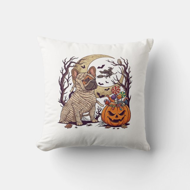 Halloween Mummy Fransk Bulldog Pumpa Godis Häxa Kudde (Framsida)