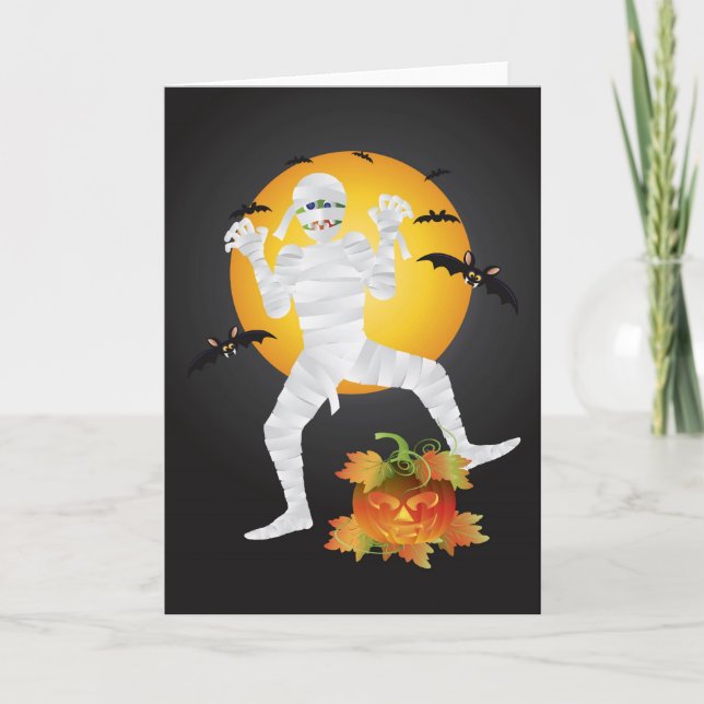 Halloween Mummy med Carved Pumpkin Greeting Card Kort (Framsida)
