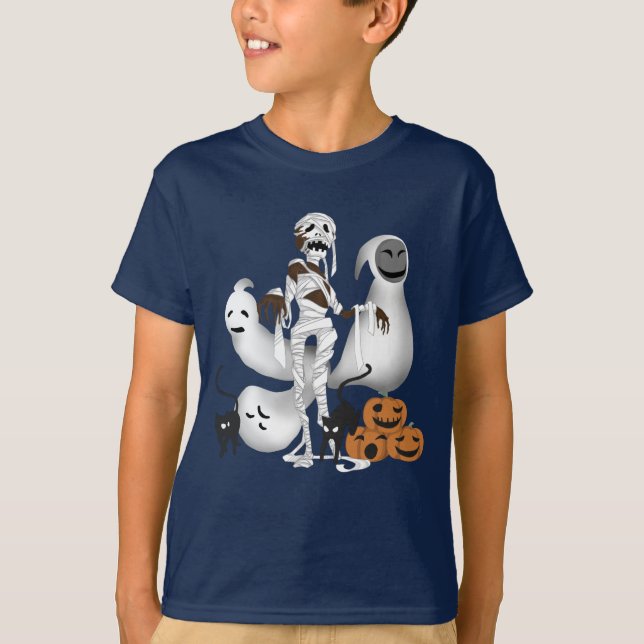 Halloween Mummy med Kattunge och Ghost Boy T Shirt (Framsida)