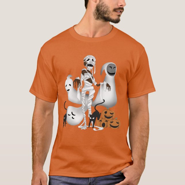 Halloween Mummy med Kattunge och Ghost Manar T Shirt (Framsida)