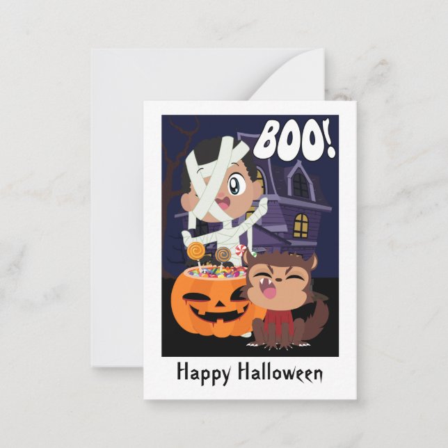 Halloween Mummy, Pumpkin och Werevarg Mini Card Anteckningskort (Framsida)