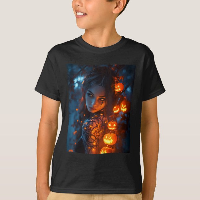 Halloween Mystical Enchanting Witch Glowing Pumpki T Shirt (Framsida)