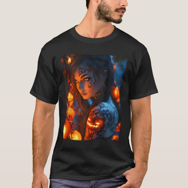 Halloween Mystical Witch Glowing Pumpkin T Shirt (Framsida)