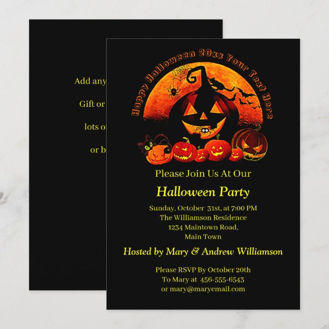 Halloween Namn År 20xx Glow Pumpkin Cat-Webben Inbjudningar (Fram/baksida)