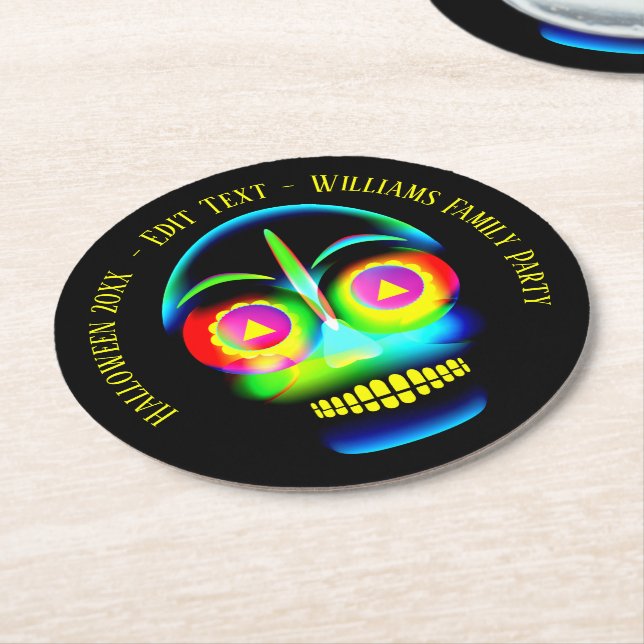 Halloween Namn Year Neon look Glow Blue Skull Underlägg Papper Rund (Vinklad)