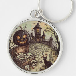 Halloween natt : Den skrämmande svarta pumpa vakt Rund Silverfärgad Nyckelring