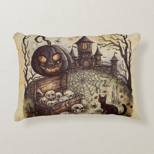 Halloween natt :  Den skrämmande svarta pumpavakta Prydnadskudde (Framsidan)
