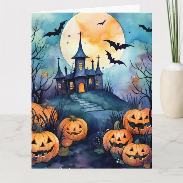 Halloween Natt Full Moon Jack O'Lanternes Fladderm Kort (Framsida)