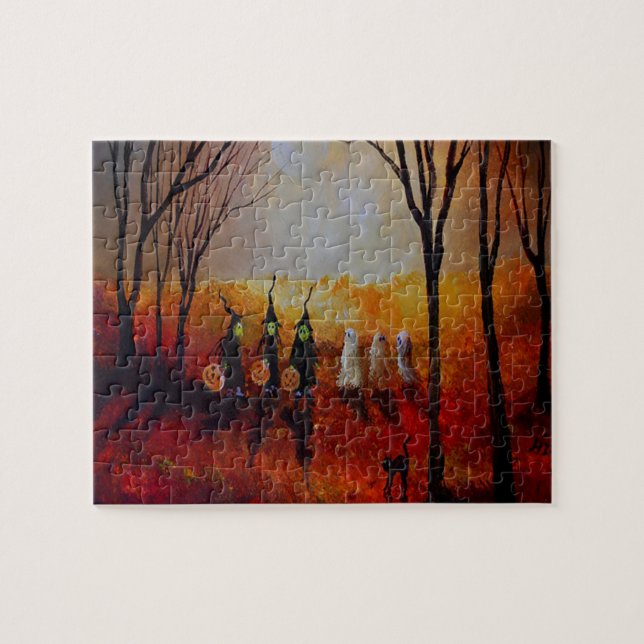 Halloween natt Fullmåne Spöken och Häxor Pussel (Horisontell)