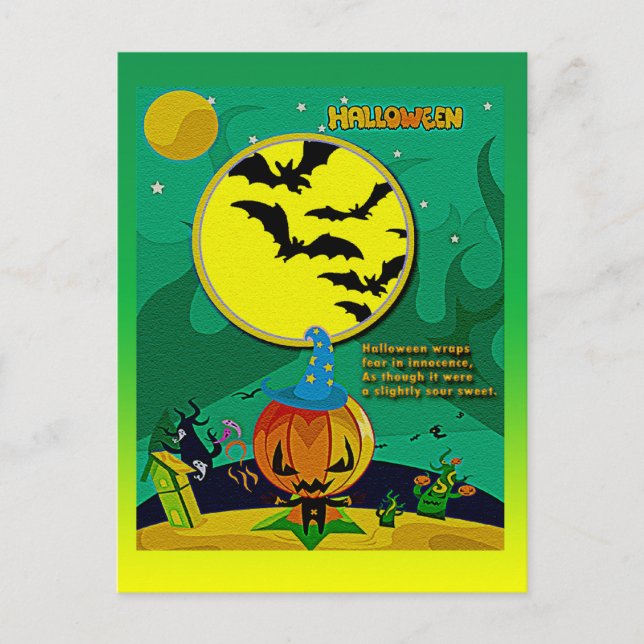 Halloween Natt Jack o'Lantern Wizard Scene Vykort (Framsida)