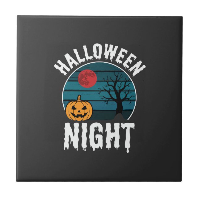 Halloween Natt Pumpa Träd Vektor Kakelplatta (Framsidan)