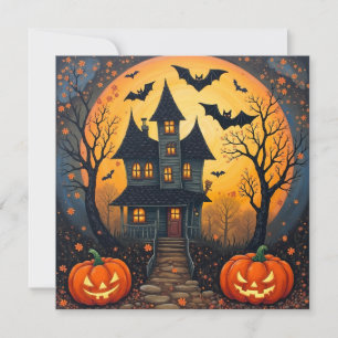 Halloween natt spökhus, pumpor julkort
