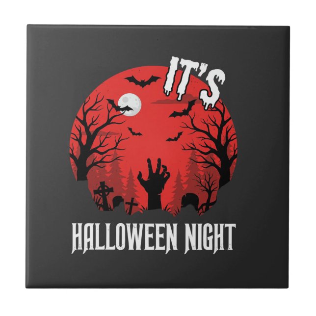 Halloween natt spöklik kyrkogård vektor kakelplatta (Framsidan)