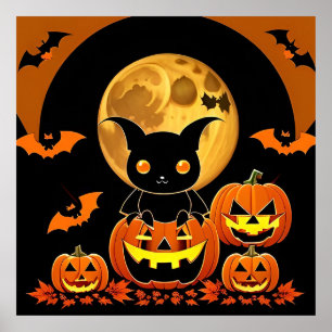 Halloween Natt Tecknad Film Fladdermöss Pumpa Full Poster