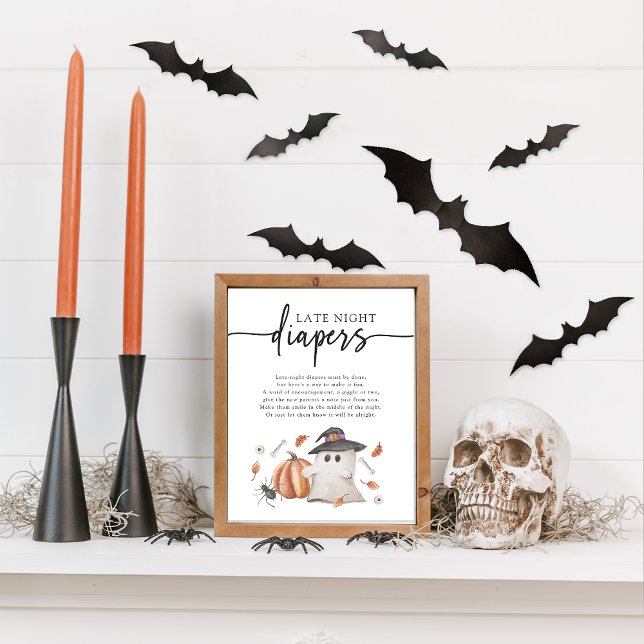 Halloween Nattblöjor Poster (Halloween Late Night Diapers Game Sign A Little Boo Is Almost Due Ghost Pumpkin Baby Shower)
