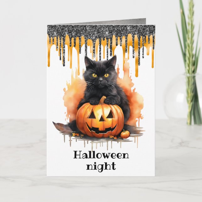 Halloween-nattkort för svart katt kort (Framsida)