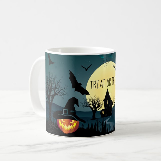 Halloween nattmugg - "fest- eller trick" MAGI Kaffemugg (Framsida vänster)