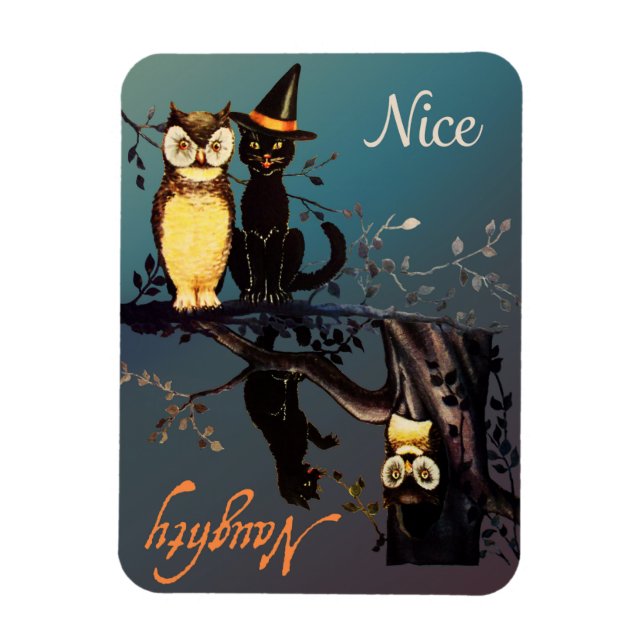 Halloween Naughty eller Nice Magnet | Katt och Ugg (Vertikal)