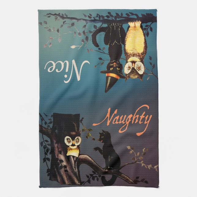 Halloween Naughty eller Nice Towel - Cat och Uggla Kökshandduk (Vertikal)