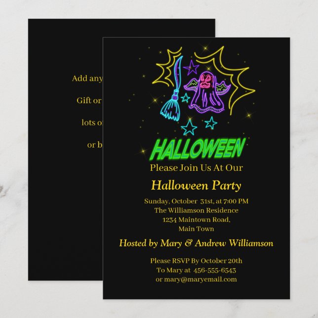 Halloween Neon Glow look Lila Ghost Broom Party Inbjudningar (Fram/baksida)