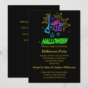 Halloween Neon Glow look Lila Ghost Broom Party Inbjudningar