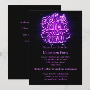Halloween Neon Glow look Lila Trick Treat Party Inbjudningar