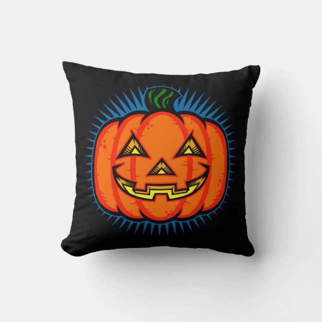Halloween Neon Glow look Orange Blue Pumpkin Kudde (Framsida)