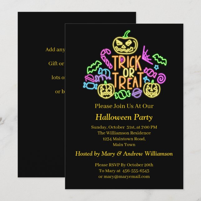 Halloween Neon Glow look Trick Treat Candy Party Inbjudningar (Fram/baksida)